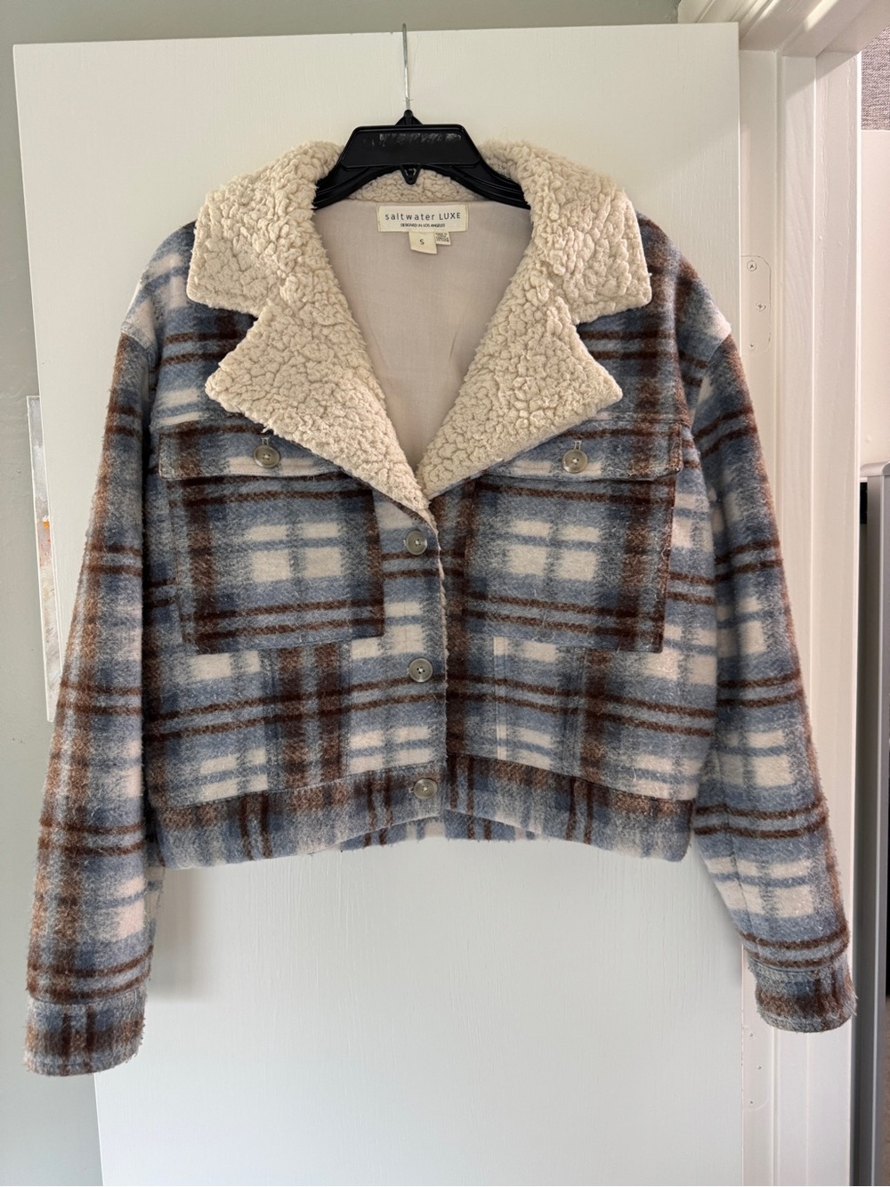 saltwater LUXE Blue, Brown & Cream Plaid Sherpa Collar Jacket